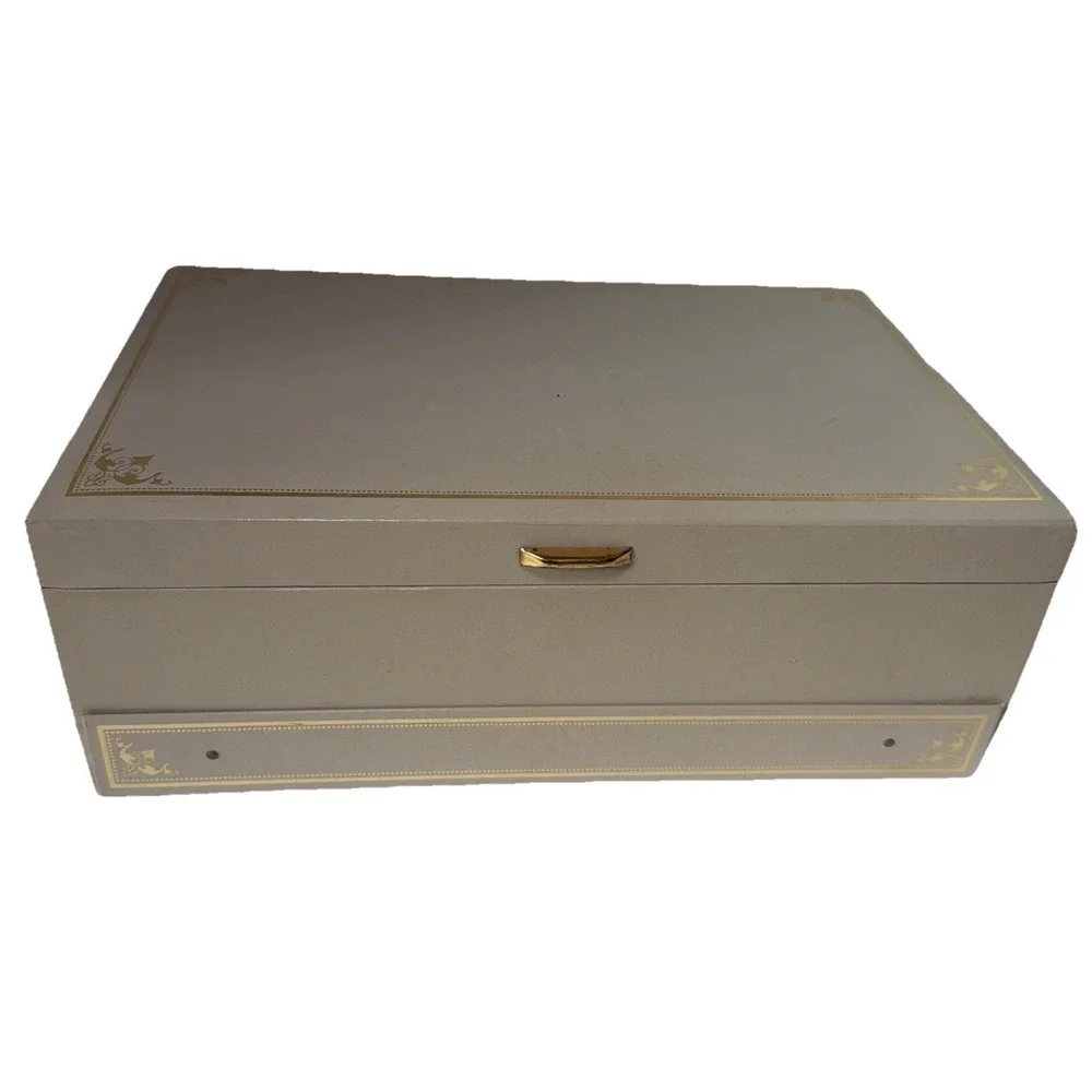 Vintage Mele 3-tier Jewelry Box Gold Trim/Cream With Taupe Interior